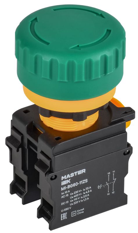 Кнопка Грибок поворот. с фикс. 1NO+1NC зел-ная MASTER MI-BG60-11ZS-3-23-K06