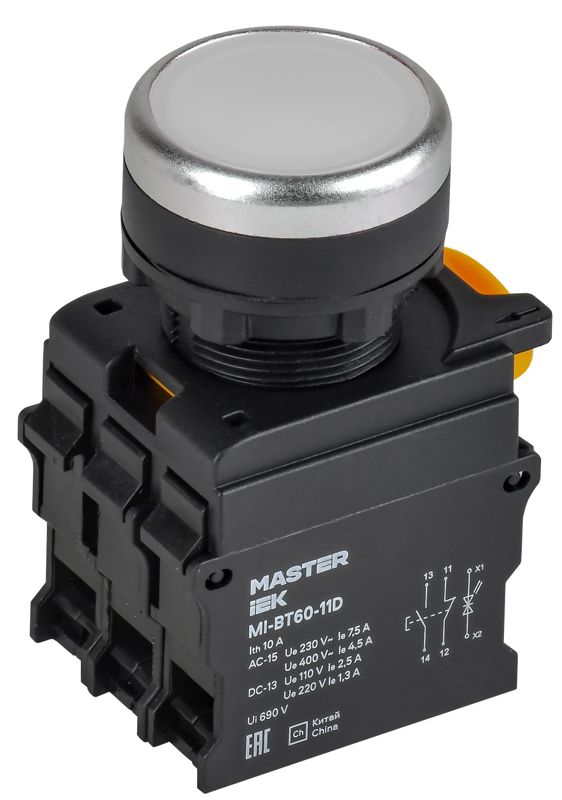 Кнопка с подсветкой d=22мм 1NO+1NC белая MASTER MI-BT60-11D-3-12-K01