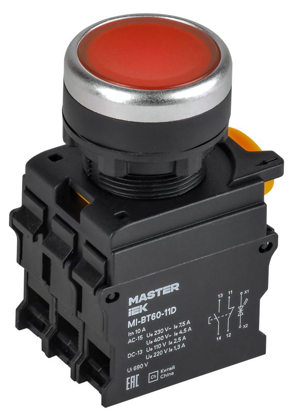 Кнопка с подсветкой d=22мм 1NO+1NC красная MASTER MI-BT60-11D-3-12-K04