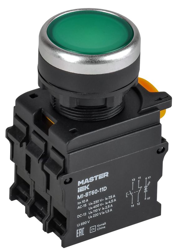 Кнопка с подсветкой d=22мм 1NO+1NC зел-ная MASTER IEK MI-BT60-11D-3-12-K06