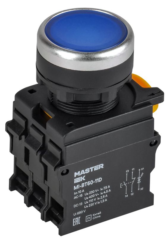 Кнопка с подсветкой d=22мм 1NO+1NC синяя MASTER IEK MI-BT60-11D-3-12-K07