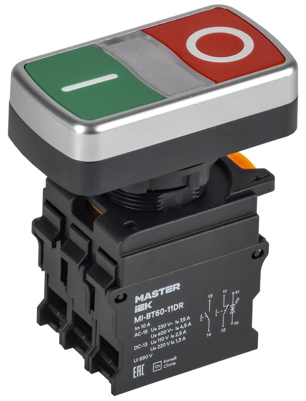 Кнопка I-O с подсветкой d=22мм 1NO+1NC MASTER MI-BT60-11DR-3-11-K51