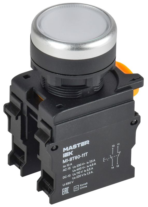 Кнопка с фиксацией d=22мм 1NO+1NC белая MASTER MI-BT60-11T-3-21-K01