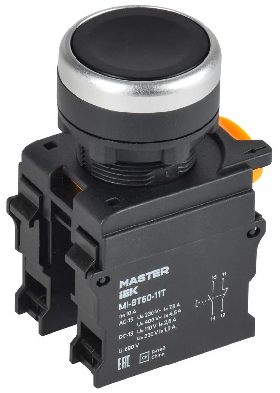 Кнопка с фиксацией d=22мм 1NO+1NC ч-рная MASTER MI-BT60-11T-3-21-K02