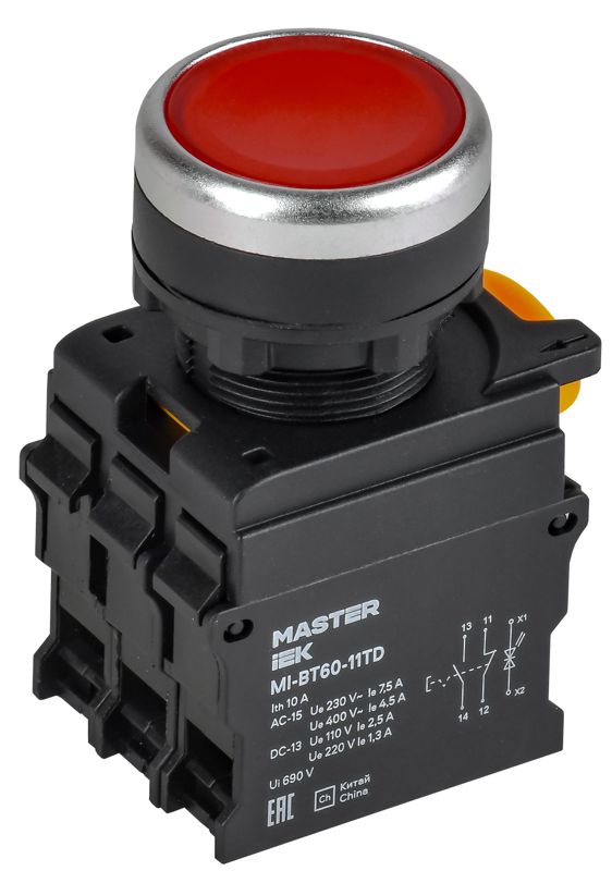 Кнопка с подсветкой и фиксацией d=22мм 1NO+1NC красная MASTER IEK MI-BT60-11TD-3-11-K04