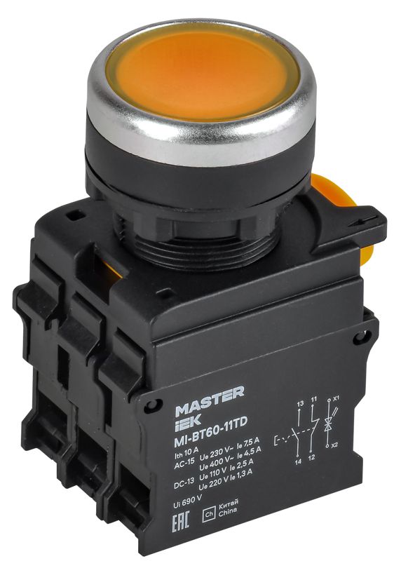 Кнопка с подсвет. и фикс. d=22мм 1NO+1NC ж-лтая MASTER MI-BT60-11TD-3-11-K05
