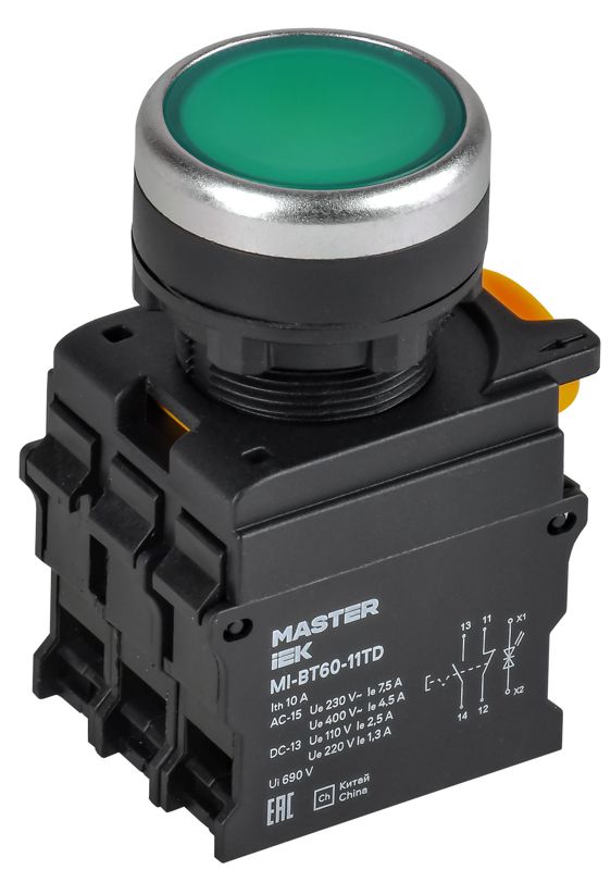 Кнопка с подсвет. и фикс. d=22мм 1NO+1NC зел-ная MASTER IEK MI-BT60-11TD-3-11-K06