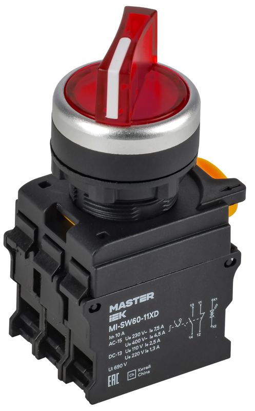 Переключатель с подсв. 2 полож. 1NO+1NC красный MASTER IEK MI-SW60-11XD-3-14-2-K04