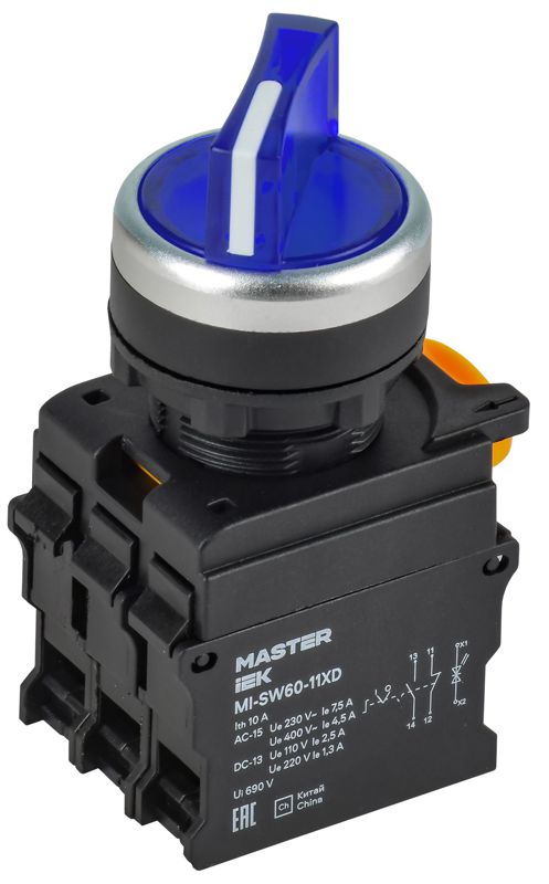 Переключатель с подсв. 2 полож. 1NO+1NC синий MASTER IEK MI-SW60-11XD-3-14-2-K07