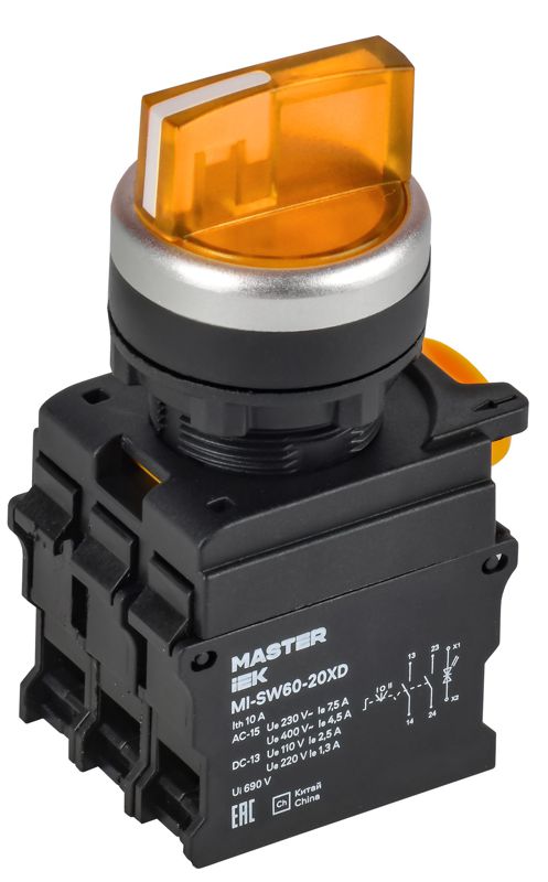 Переключатель с подсветкой 3 полож. 2NO ж-лтый MASTER IEK MI-SW60-20XD-4-14-3-K05