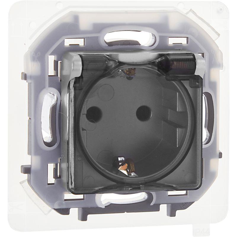 Розетка 1-м СП Inspiria 16А IP44 250В 2P+E защ. шторки с крышкой немецк. стандарт механизм алюм. Leg 673742