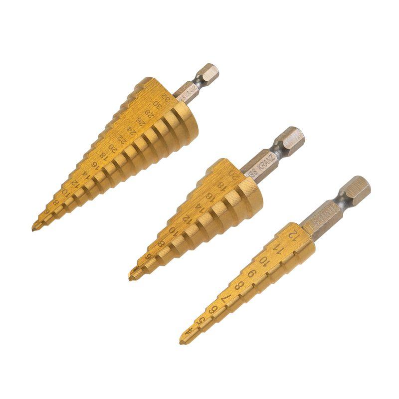 Фото товара Набор ступенчатых сверл, 4-12,4-20,4-32мм, HSS-TiN, ТИТАН, 3 шт. KR-12-6620