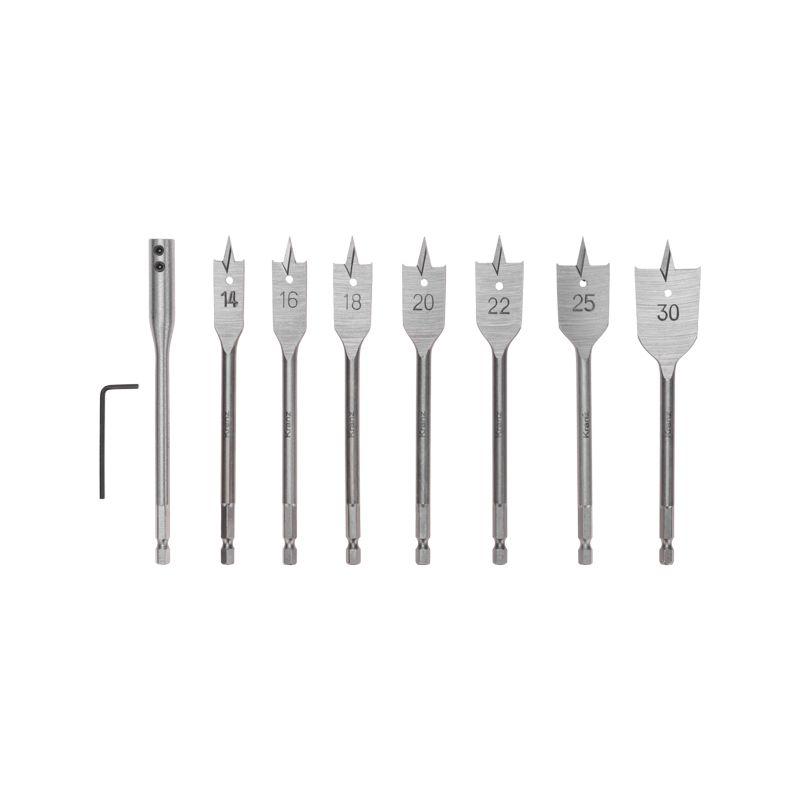 Фото товара Набор сверл перовых по дереву 9 предметов: 14-16-18-20-22-25-30х152 мм, удлинитель, ключ угловой KR-91-0762