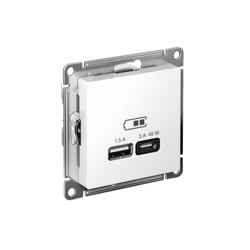 Фото товара ATLASDESIGN USB РОЗЕТКА A + тип-C 45W высокоскор.заряд. QC, PD, механизм, БЕЛЫЙ ATN000129