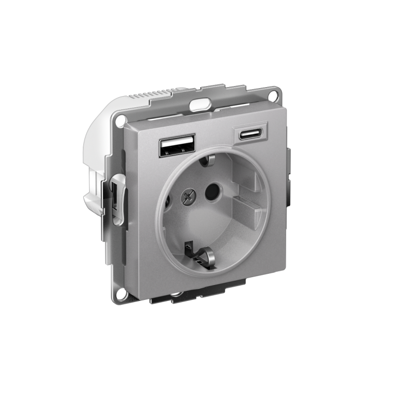 Фото товара Розетка AtlasDesign 16А с 2-мя заряд. устройствами USB тип A+C 5В/2.4А 2х5В/1.2А механизм алюм. SE ATN000332