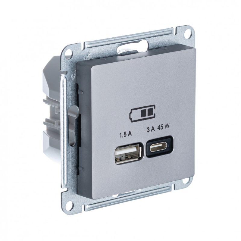 Фото товара ATLASDESIGN USB РОЗЕТКА A + тип-C 45W высокоскор.заряд. QC, PD, механизм, СТАЛЬ ATN000929