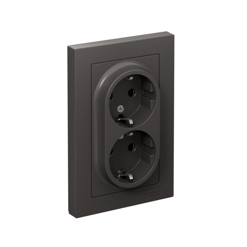 Фото товара Розетка двойная AtlasDesign с заземл. со шторками 16А в сборе базальт SE ATN001426