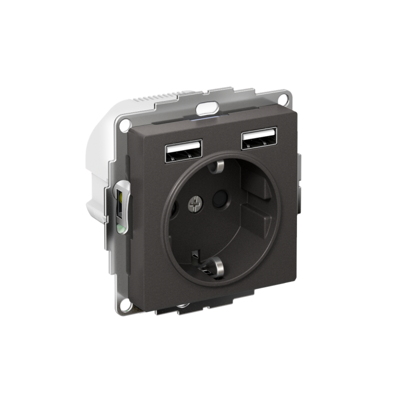 Фото товара Розетка AtlasDesign 16А с 2-мя заряд. устройствами USB тип A+A 5В/2.4А 2х5В/1.2А механизм базальт SE ATN001430