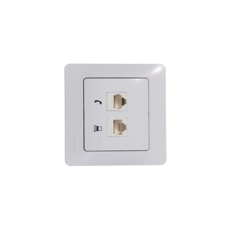 Розетка компьютерная + телефонная 2-м СП Glossa RJ45 + RJ11 кат.5E механизм бел. SE GSL000185