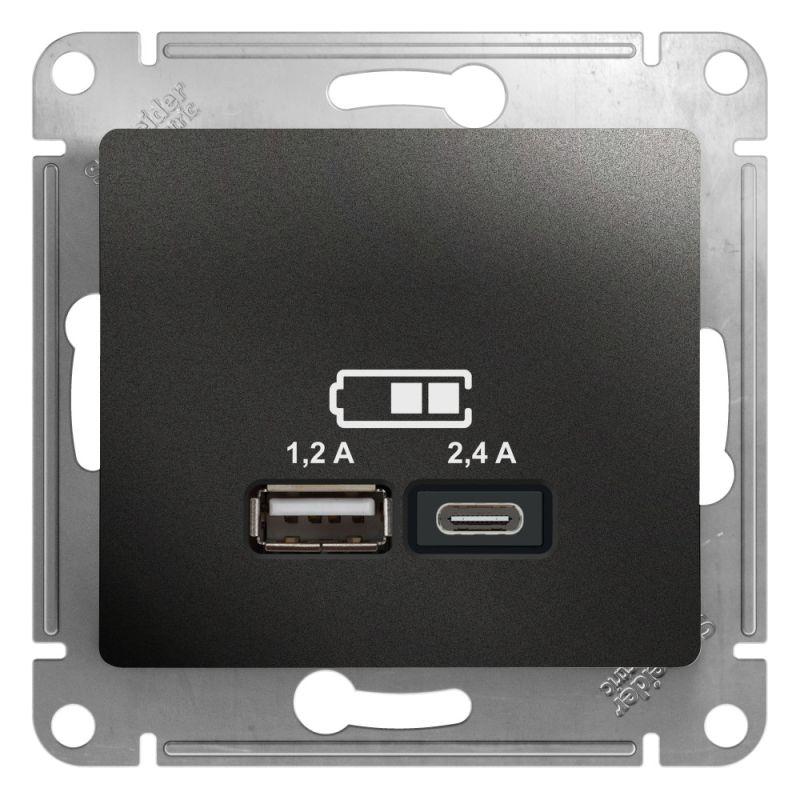 Фото товара Розетка USB Glossa тип A+C 5В/2.4А 2х5В/1.2А механизм антрацит SE GSL000739