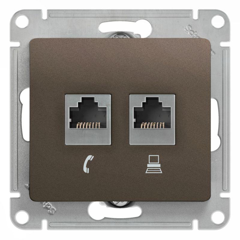 Фото товара GLOSSA Розетка двойная RJ11+RJ45 категория 5E шоколад в рамку GSL000885