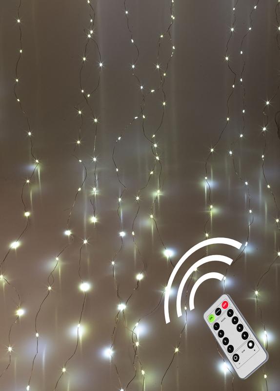 Фото товара Гирлянда светодиодная "Дождь" 3х3м 300LED с крючками для крепления тепл. бел. 8 режимов мигания питание от USB 5В пульт ДУ КОСМОС KOC_CUR-U103