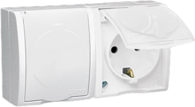 Розетка 2-м ОП 5 16А IP54 250В с заземл. Schuko защ. шторки с крышкой винт. клеммы бел. 1594443-030
