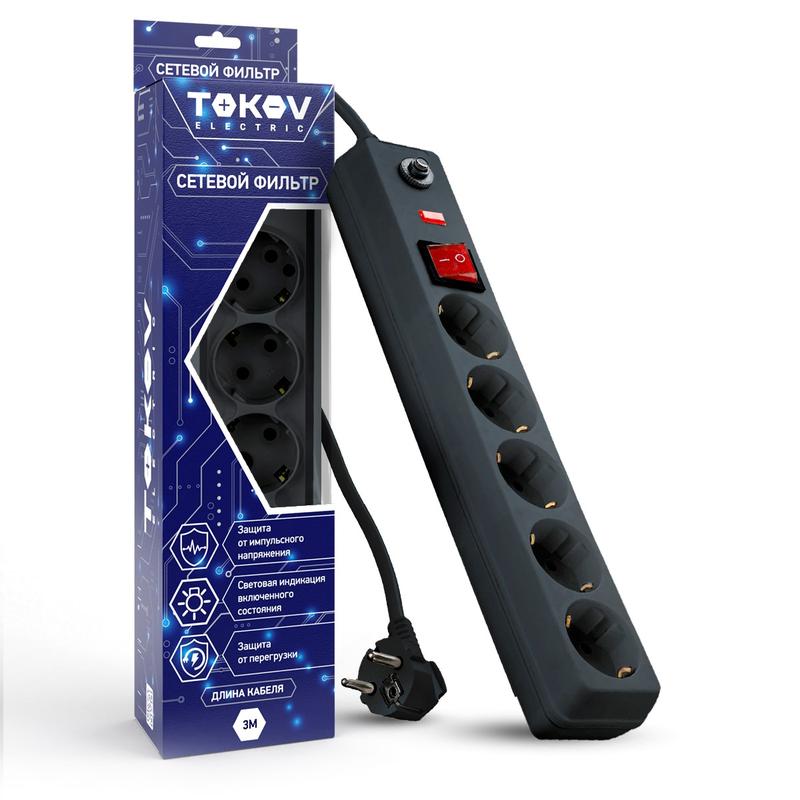 Фото товара Удлинитель с сетевым фильтром 5х3м с заземл. с выкл. 16А с защ. от скачков напр. и перегрузок 3х1 сер. TKE-C06-SF5-3-ZV