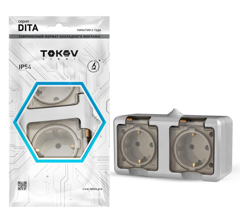 Фото товара Розетка 2-м ОП Dita 16А IP54 250В с заземл. с прозр. крышкой сер. TKL-DT-R2Z-C06T-IP54