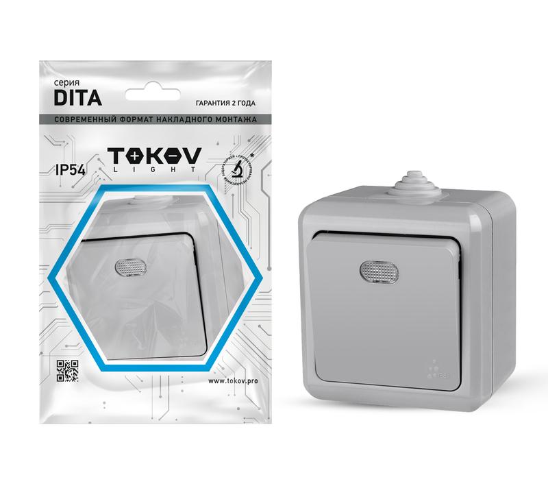 Фото товара Выключатель 1-кл. ОП Dita IP54 10А 250В с индикацией сер. TKL-DT-V1I-C06-IP54