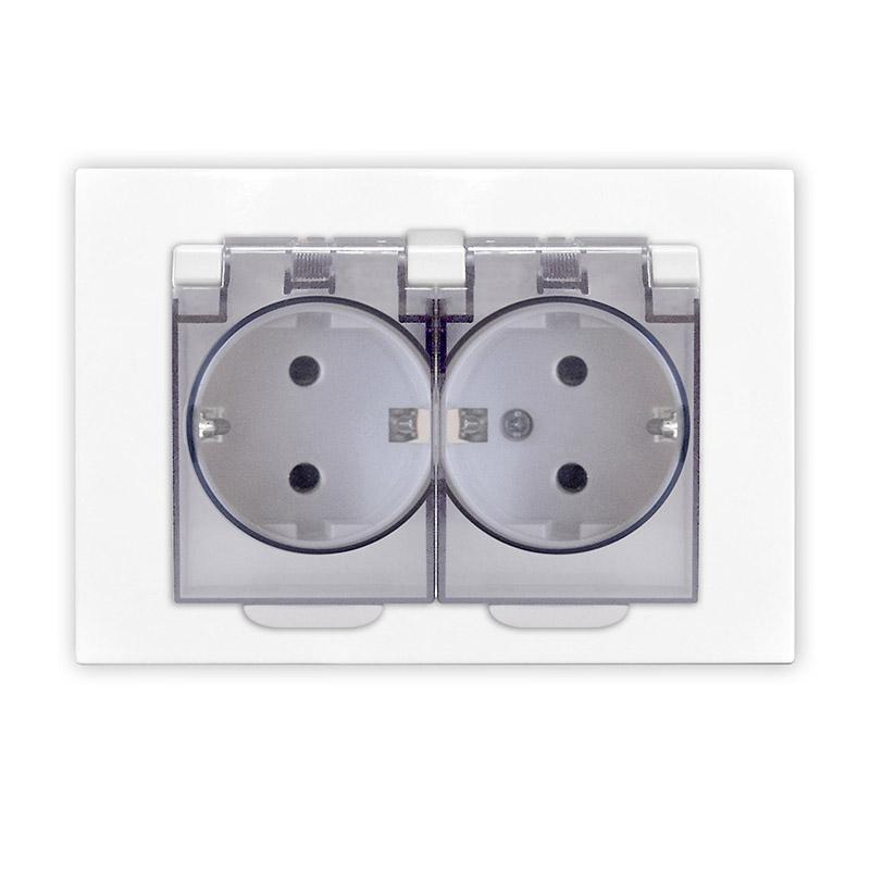 Фото товара Розетка 2-м СП Афина 16А IP20 с заземл. c прозрачной крышкой в сборе бел. A0031