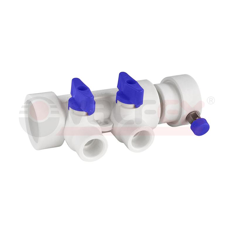 Фото товара Коллектор PPR с отсечными син. кранами и воздух-ком 40х20 7 выходов (20/1) бел. K VALFEX 111134007