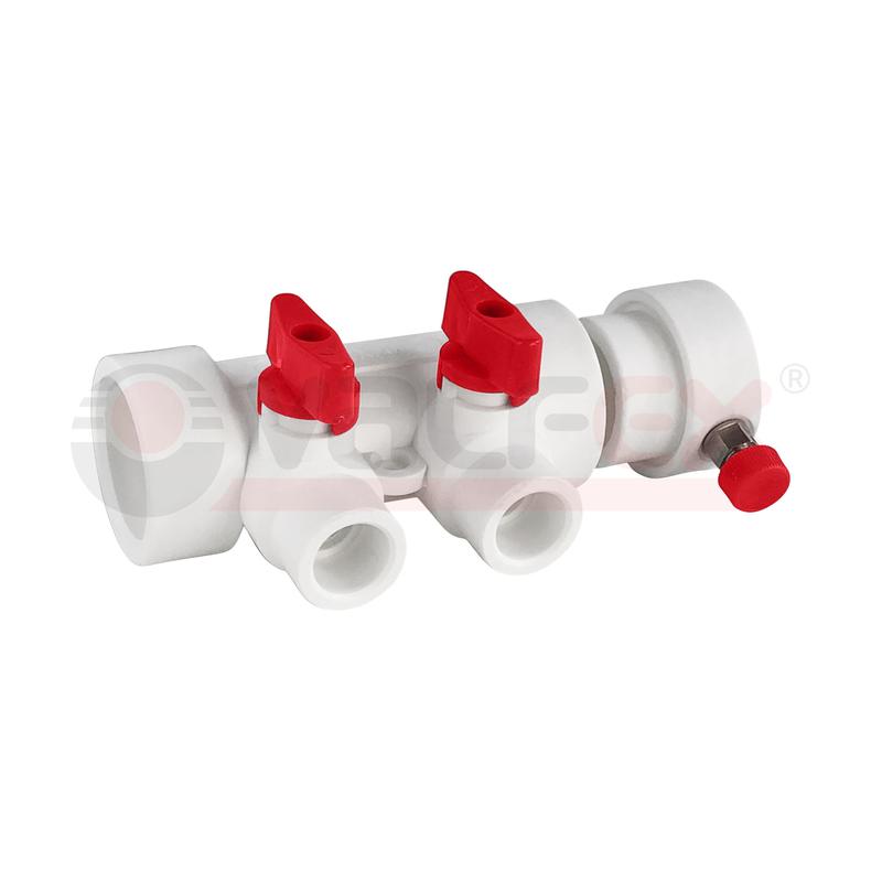 Фото товара Коллектор PPR с отсечными красн. кранами и воздух-ком 40х20 8 выходов (15/1) бел. K VALFEX 111134008R