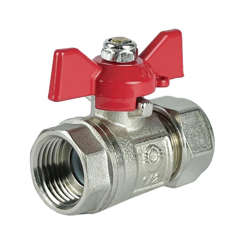 Фото товара Кран шаровой обжимной с переходом на ВР ручка-бабочка 16х1/2дюйм с никелир. покрытием (100/10) К VALFEX VF.342.NB.16012