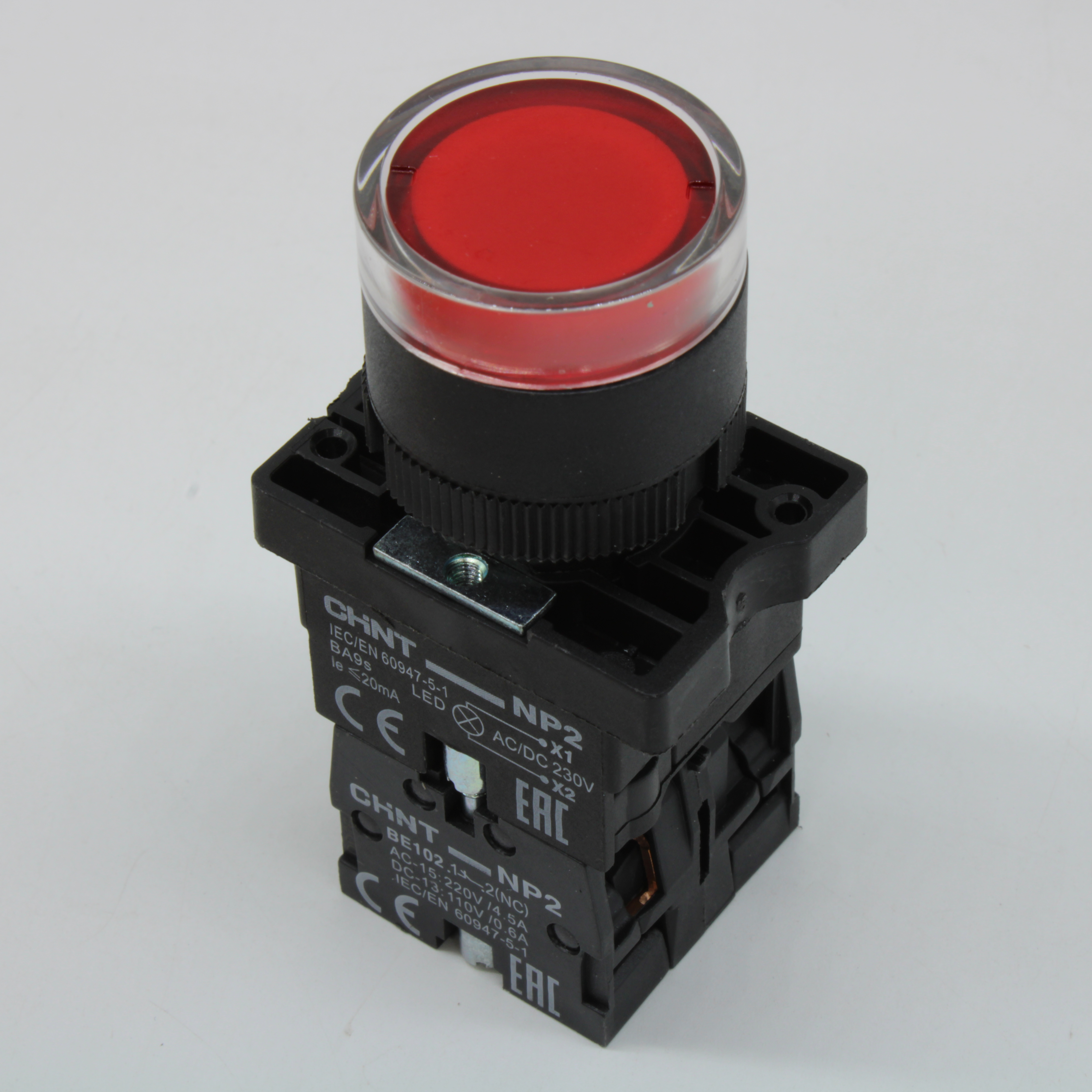 Фото товара CHINT Кнопка управления NP2-EW3465 1НО+1НЗ красная AC/DC230В(LED), IP40 (R)