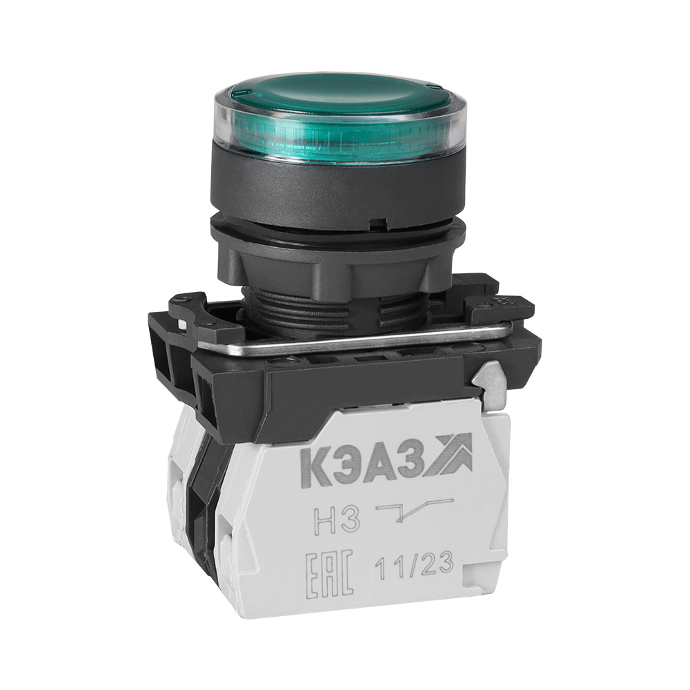 Кнопка КМЕ4111мЛ-220В-зеленый-1но+1нз-цилиндр-индикатор-IP40- 280751