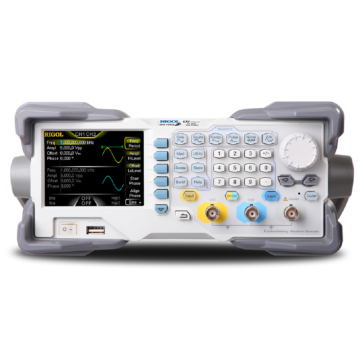 DG1062Z Генератор стандартных функций и сигналов произвольной формы, макс. выходная частота 60 МГц, 2 канала, макс. частота дискретизации 200 МВыб/с, 14 бит, длина сигналов произвольной формы 8 млн. точек, 7-разрядный частотомер